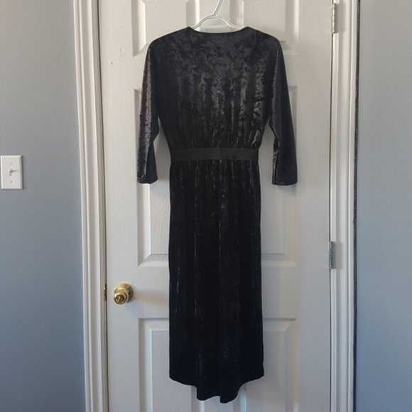 Black crushed velvet vintage midi surplice v-neck 90s dress XS-S - Picture 3 of 8
